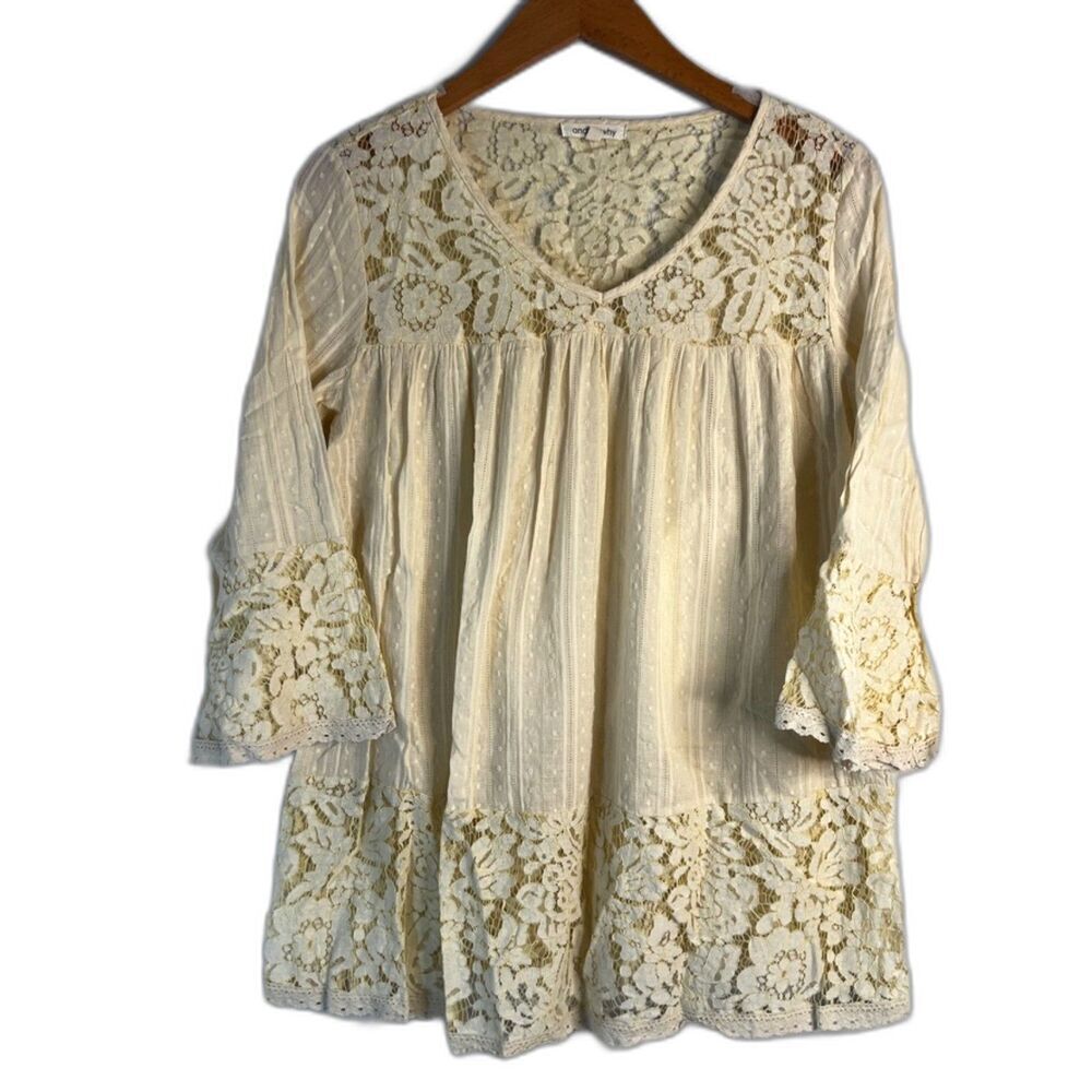 And The Why Cream Vneck Lace Detail 3/4 Lace Bell Sleeve Boho Peasant Top‎ Small